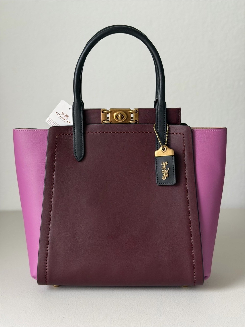 Coach Colorblock Troupe Bag Two-Tone Burgundy and Pink Leather Tote - Picture 2 of 12